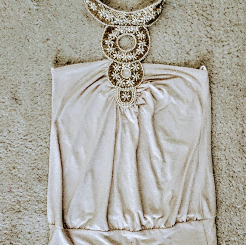 Cream halter top w/ elaborate beadwork, size M, Brand Lipstick, Stretchy Top.